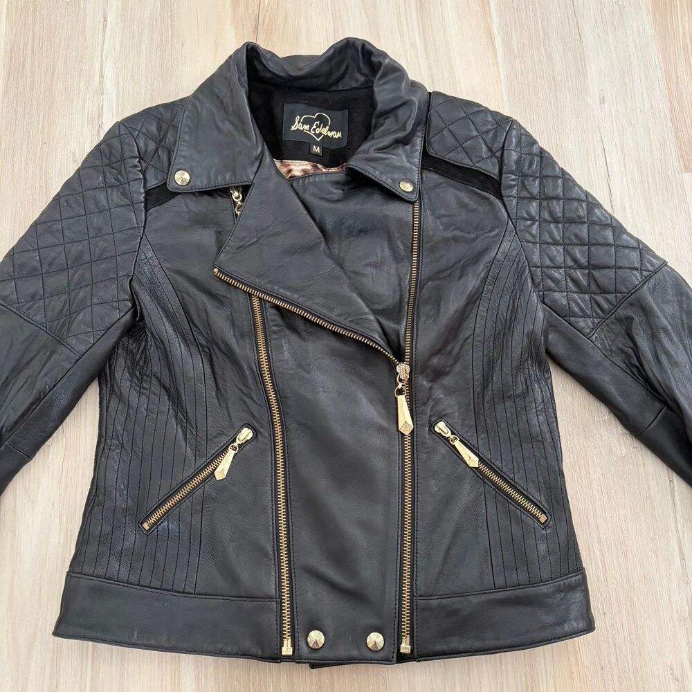 SAM EDELMAN Womans Black Leather Moto Jacket Gold Zipper Coat Jacket Size Medium